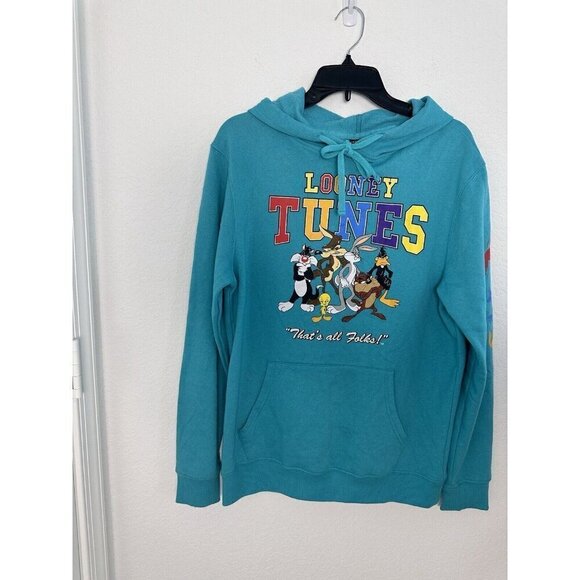 NWOT Looney Tunes Men's Neon Blue/Green Hooded Sweatshirt Size S Anime Influence - Picture 2 of 11